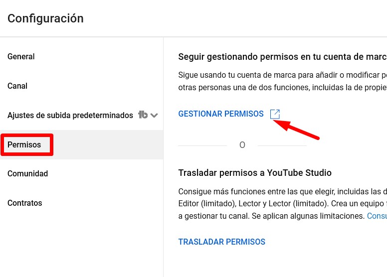 Gestionar permisos cuenta youtube