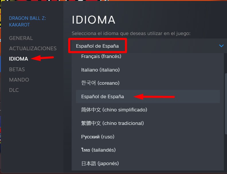 cambiar idioma de juego en Steam