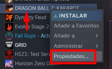 propiedades de un juego de Steam