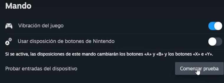 comenzar prueba de mando en Steam