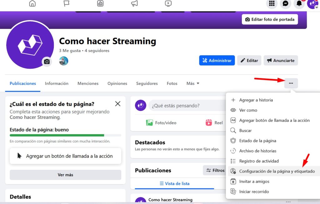 configuracion y etiquetado de la pagina de facebook