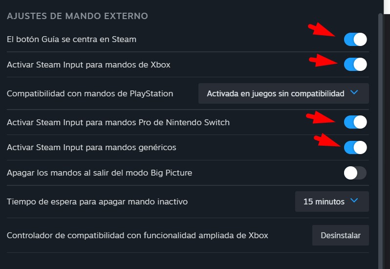 habilitar ajustes de mando steam